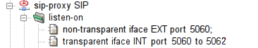 The sip-proxy configured to listen transparently on a port range 5060-5062