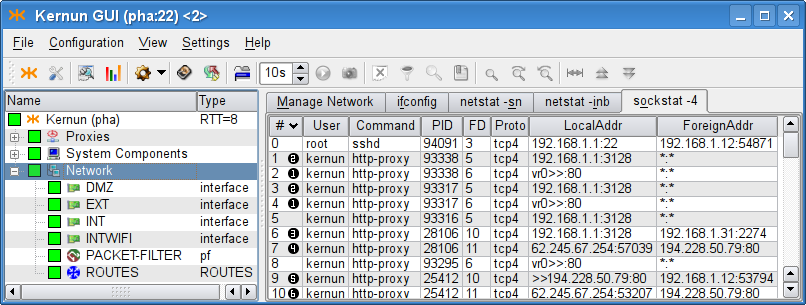 Sockstat tab showing the list of all sockets