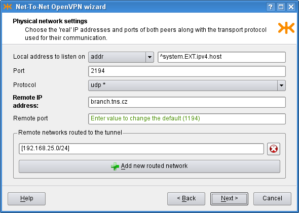 Net-To-Net OpenVPN wizard: Physical network settings page