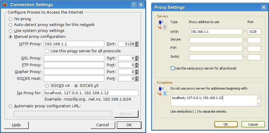 Configuration of non-transparent mode in Firefox and Microsoft Internet Explorer Web browsers