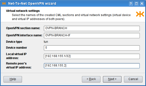 Net-to-Net OpenVPN wizard: Virtual network settings page