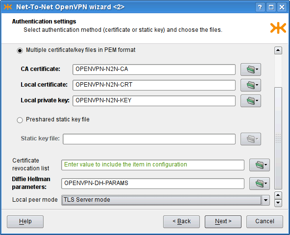 Net-To-Net OpenVPN wizard: Authentication settings page